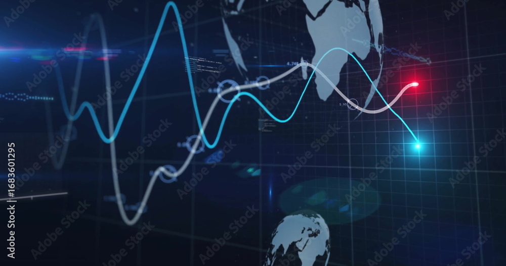 Aufkleber flowing cyan and white waveform data lines across grid backdrop, with globe shapes and light flares