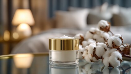 Cream jar on mirrored surface