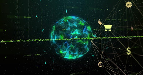Floating polygonal globe streaming green data points in virtual network, with currency symbols