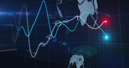 Flowing cyan and white waveform data lines across grid backdrop, with globe shapes and light flares