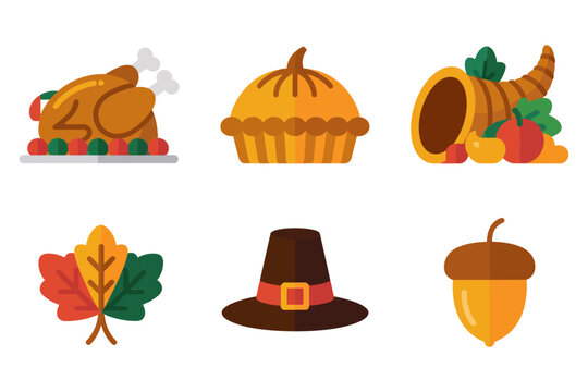 Autumn harvest icons, roast turkey pumpkin pie cornucopia, maple leaf pilgrim hat acorn, seasonal thanksgiving clipart set, vector graphics, festive dinner elements - Powered by Adobe