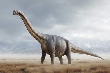 Obraz premium An impressive illustration of a Brachiosaurus dinosaur standing tall in a field with mountains in the distance. Its long neck and massive size are a sight to behold.