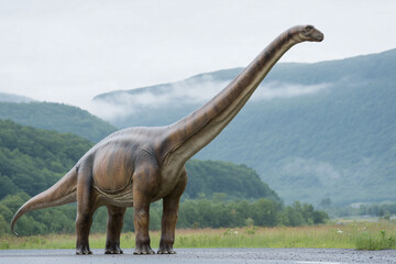 Fototapeta premium A majestic dinosaur stands tall against a backdrop of lush green hills, evoking a sense of wonder and awe
