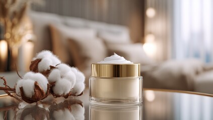 Luxurious cream jar displayed in a bedroom setting