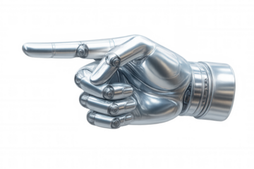 Chrome robotic hand pointing index finger, isolated on transparent background, symbolizes future technology and automation