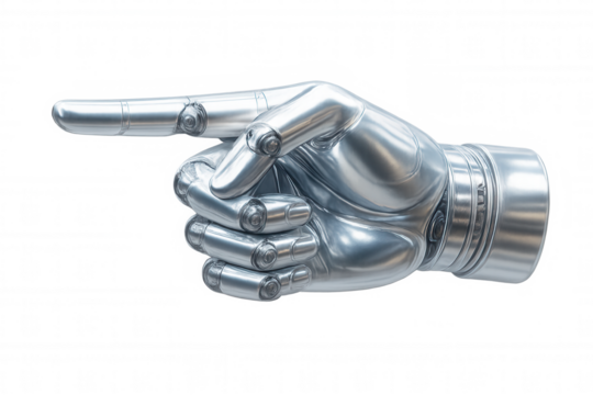 Chrome robotic hand pointing index finger, isolated on transparent background, symbolizes future technology and automation