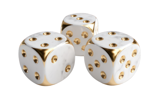 Three white dice with gold accents