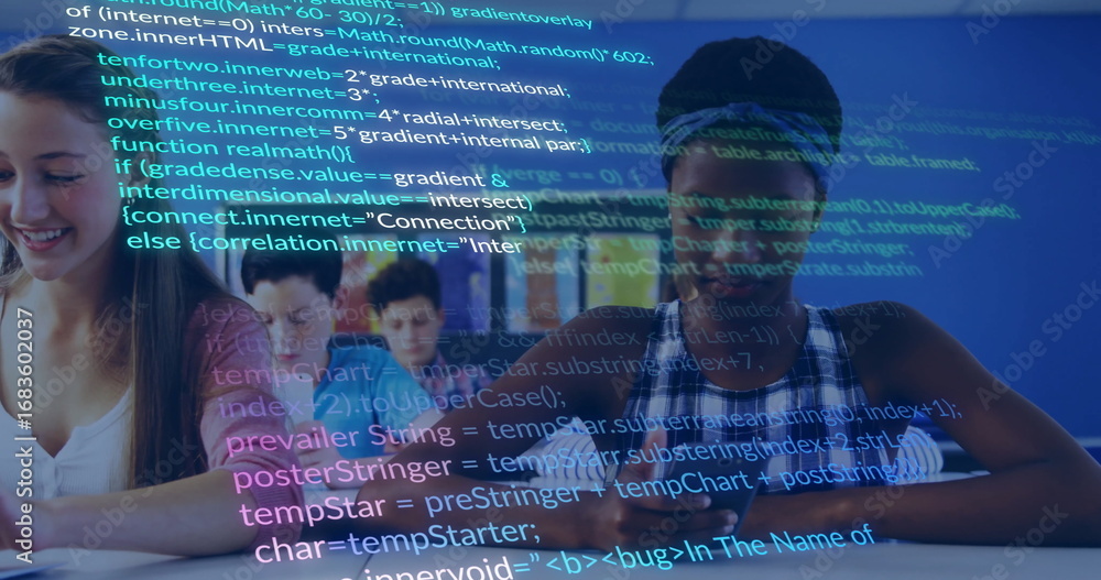 Poster typing five students entering code on keyboards and monitors in computer lab, colorful code overlay