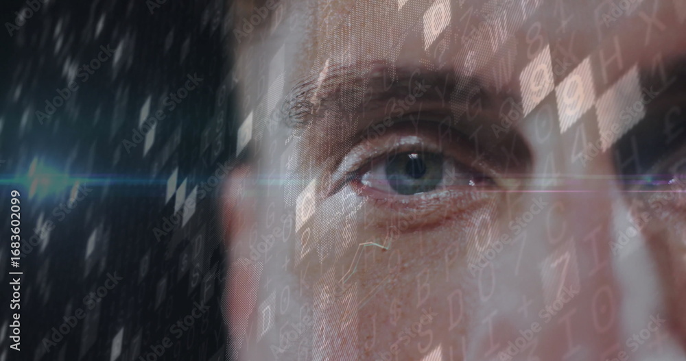 Poster eye displaying code in data grid, with pixelated squares, horizontal light flare, copy space