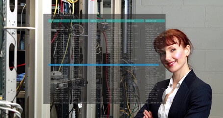 Woman in suit scanning patch cables, server racks in data center, with digital overlay, copy space