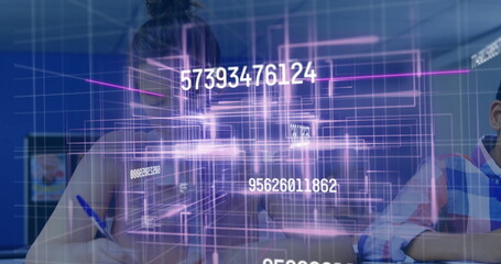 Displaying holographic data grid over classroom desk at school computer lab, with floating numbers
