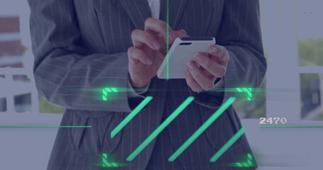 Tapping lady in pinstripe suit interacting with AR code 2470 visuals in office, on white smartphone