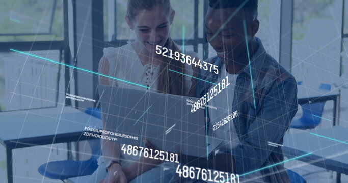 Collaborating students studying laptop at desks and chairs in bright classroom, with grid overlay - Powered by Adobe