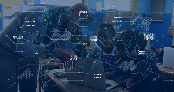 Leaning teacher guiding uniformed student at middle school class, with laptops, world map overlay - Powered by Adobe