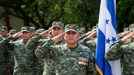 soldiers in camouflage uniforms salute beside honduran flag during military ceremony. pride and unity. armed forces, parade, patriotism, national event. independence day - Powered by Adobe