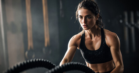 A fit woman in black sportswear works out intensely with battle ropes, highlighting strength, endurance, and determination in a gym setting.