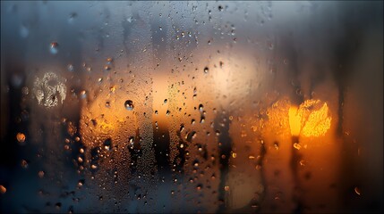 Obraz premium Rainy window with blurred city lights evoking cozy, melancholic autumn or winter feelings.