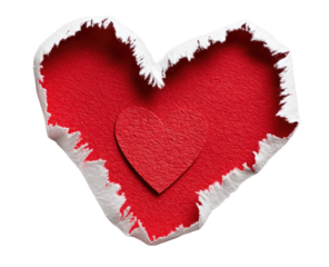 A red heart shape, outlined by ragged white edges,  holds a smaller red heart within