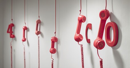 Pink phone handset shapes and numbers hanging from strings on a white wall