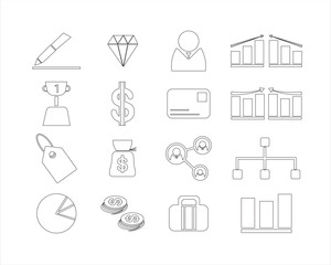 A comprehensive set of 16 business and finance icons in both solid and outline styles, perfect for presentations, websites, apps, and financial reports.