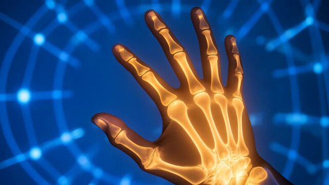 A glowing, illuminated hand with visible bones against a dark blue background with faint, interconnected light patterns
