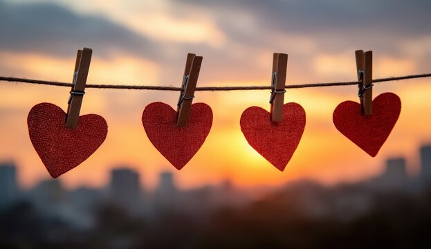 Red hearts on clothesline at sunset (1)