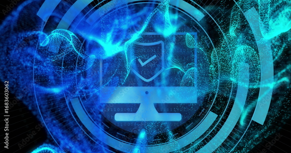 Poster showing stylized monitor icon in digital space, shield checkmark, swirling binary, circular lines