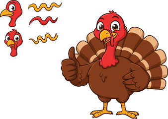 Cartoon turkey giving thumbs up, Thanksgiving mascot, cute brown turkey, happy bird character, white background