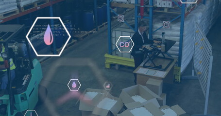 Forklift operator and manager loading cardboard boxes and typing reports in warehouse, with overlay