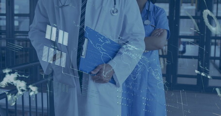 Standing doctor holding clipboard, nurse crossing arms in corridor, with stethoscopes, map overlays