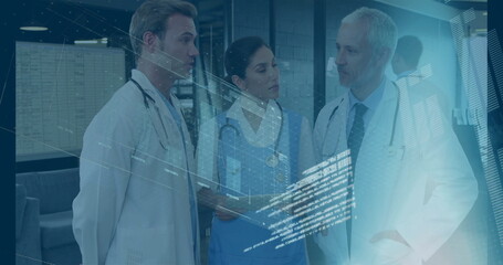 Medical staff in uniforms consulting patient info in hospital corridor, with clipboard data overlay