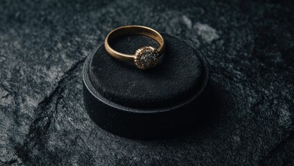 Gold ring on black velvet display on dark stone