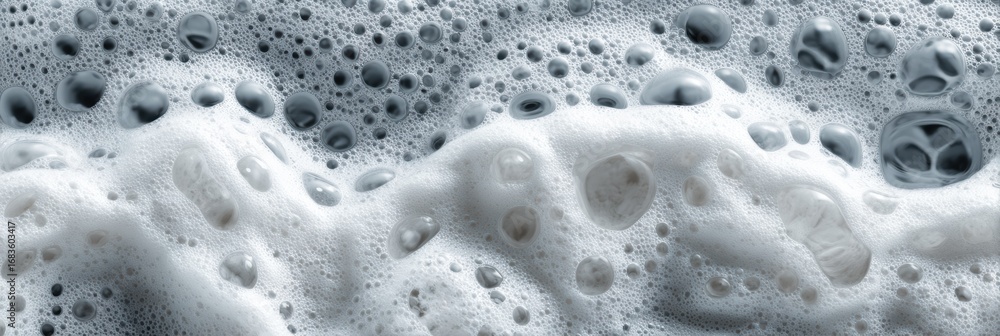 Poster a close-up view of a thick layer of bubbles forming a soft foam surface, displaying various sizes an