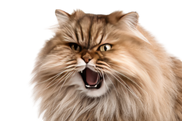 Close-up of a fluffy, tan cat, mouth open in a menacing expression