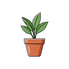 A simple illustration of a green leafy plant growing in a brown terracotta pot on a white background