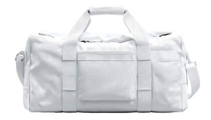 White duffel bag with adjustable straps and a small pocket