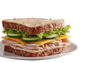 Close-up of a turkey and cheese sandwich on whole wheat bread, with lettuce and cucumber