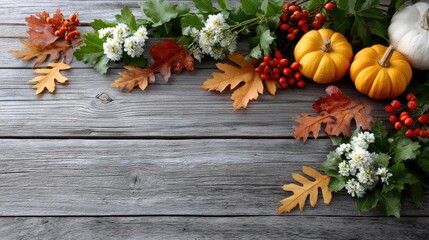 Colorful pumpkins and red berries are arranged with white flowers and autumn leaves on a rustic wooden surface
