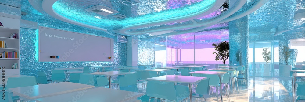 Poster bright and modern classroom showcases turquoise walls and unique lighting. it features clear desks a