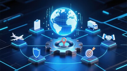 A glowing digital globe with logistics icons for air, delivery, tracking, partnerships, connected world theme, reverse logistics process, transportation logistics, global logistics