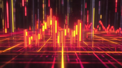 Abstract financial data visualization with glowing red and yellow lines and grid pattern