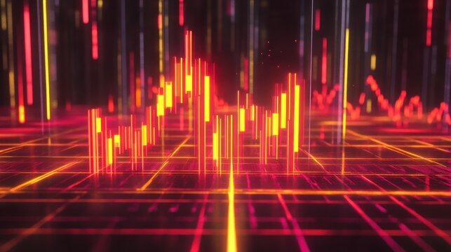 Abstract financial data visualization with glowing red and yellow lines and grid pattern