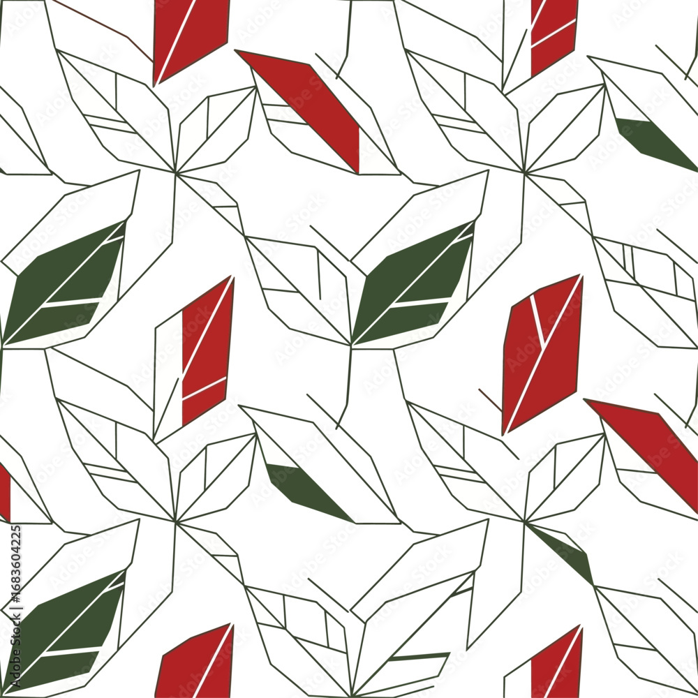 Poster geometric leaf pattern with red and green accents on a white background creating a modern art design