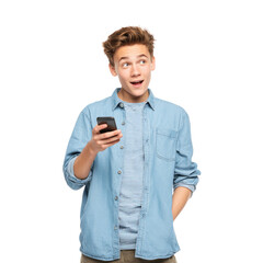 Young man with smartphone on transparent background