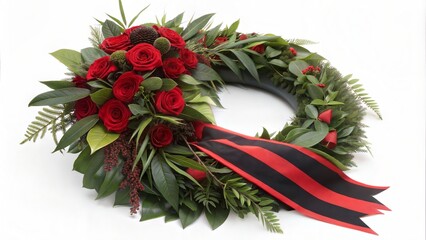 Funeral wreath with red roses and black ribbon, memorial arrangement for sympathy. Funeral wreath signifies condolences and remembrance at grief event.
