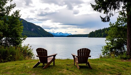 Two wooden Adirondack chairs sit on a grassy shore, overlooking a serene lake and distant mountains under a cloudy sky.