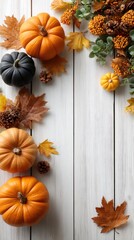 Fototapeta premium Warm colors enhance a cozy indoor space, featuring pumpkins, autumn leaves, and a beautiful floral arrangement near a window