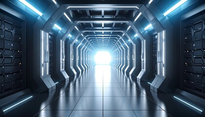 Fototapeta premium Walking Through Futuristic Corridor with Glowing Lights