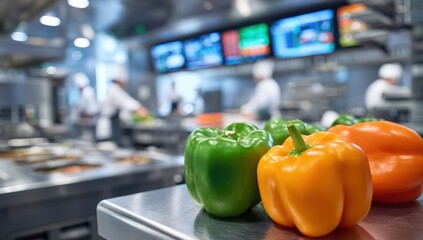 Fresh peppers on a stainless steel counter in a busy commercial kitchen