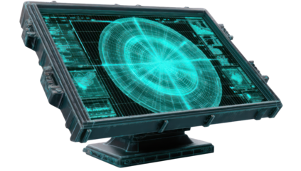 Futuristic console with a complex holographic display